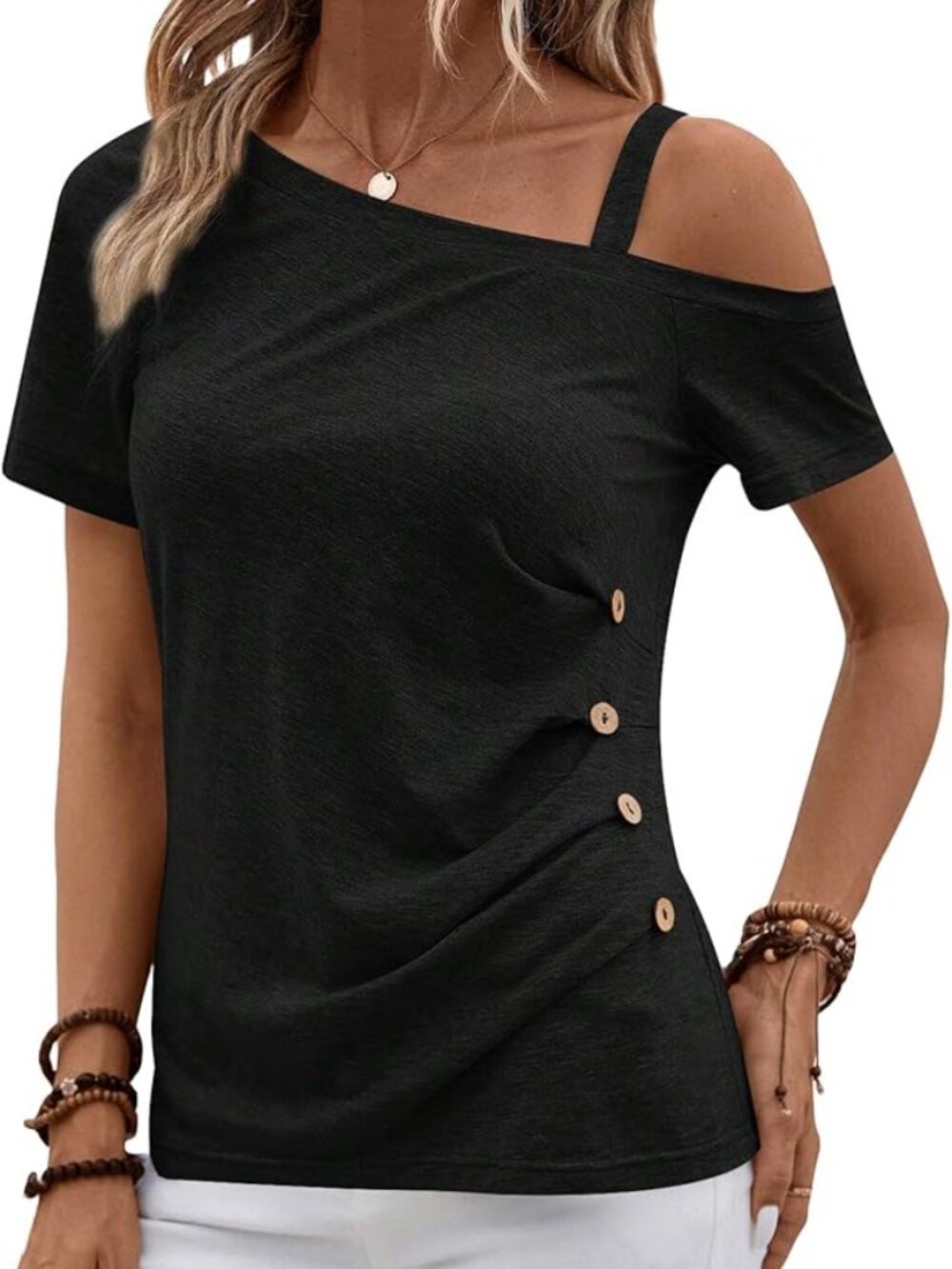 *3 FOR $9* Shein Short Sleeve Cut Out Shoulder Ruched Button Accent Shirt Top 12